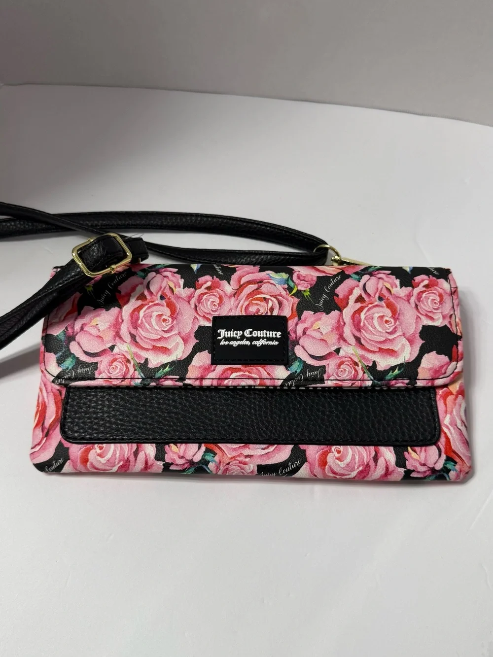 Juicy Couture Pink Rose Print Crossbody with Black Trim